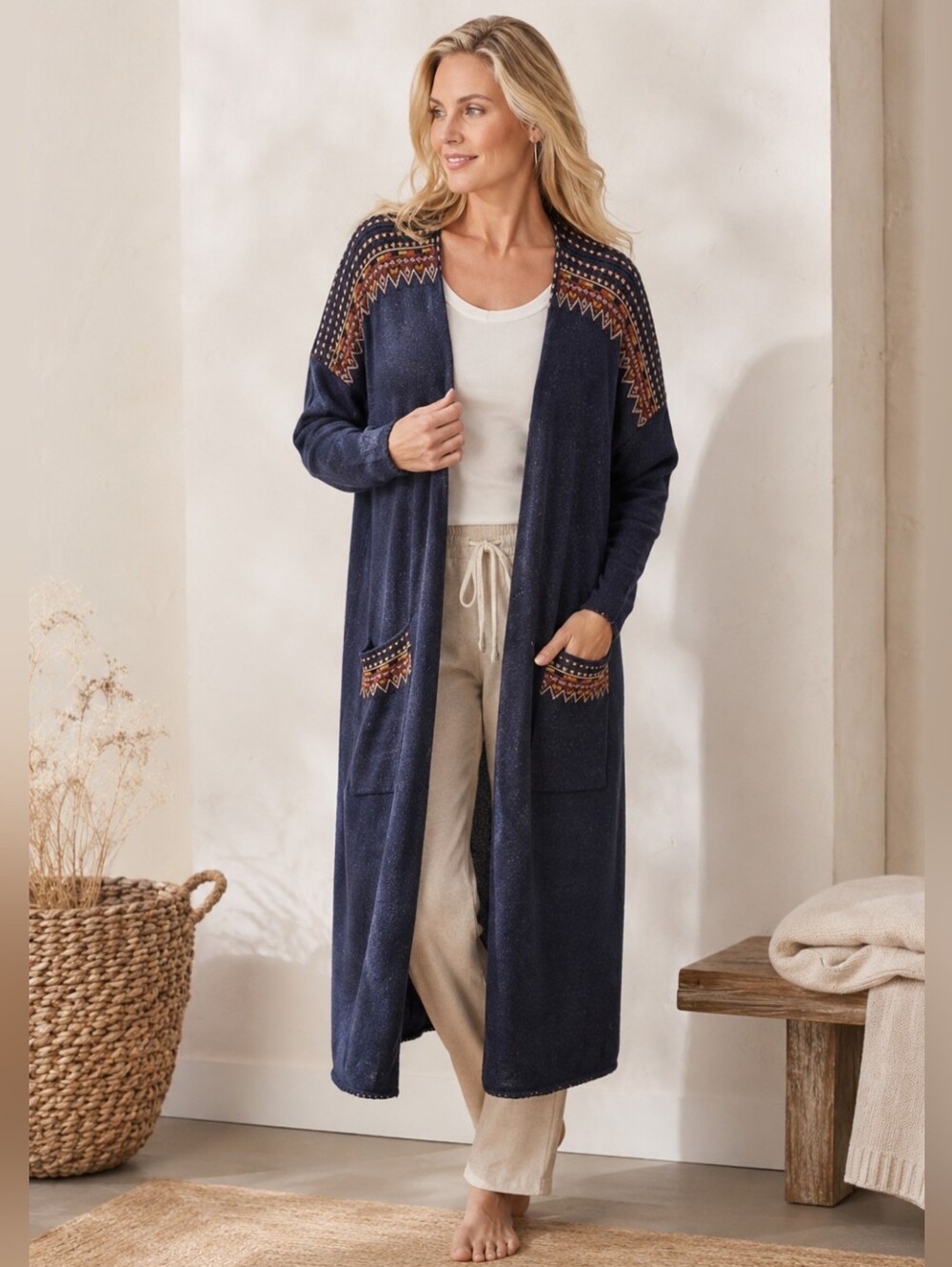 Soft Surroundings Blue Longline Duster Cardigan With Aztec Embroidery Size 2X